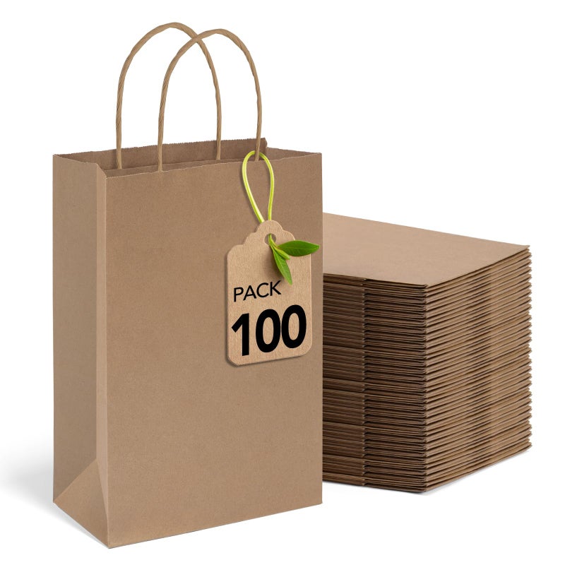 MESHA Brown Paper Bags 525x375x8 Inch Kraft Small Gift Bags with Handles Bulk100 Pack for Small BusinessBirthday Wedding Party Favor